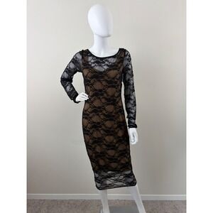 Nordstrom Extra Credit Dress Black Lace Tan Bodycon Midi Long Sleeve Large‎ NEW